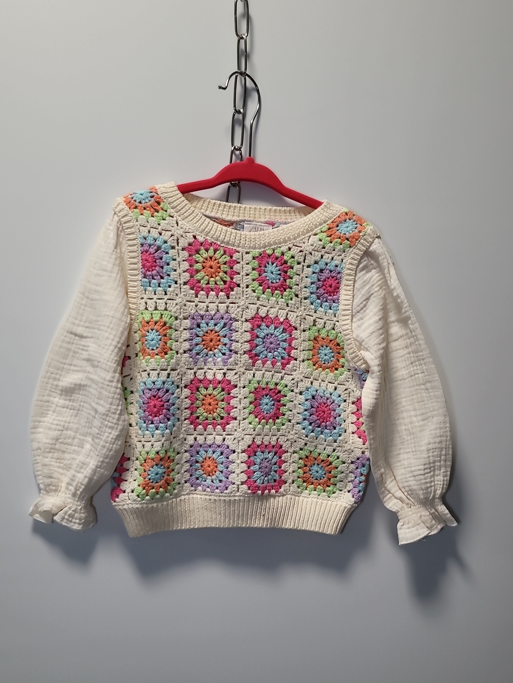 Zara Cream Crewneck Sweater with Multicolor Crochet Squares Panel
